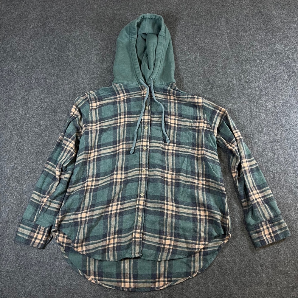 American Eagle Hooded Flannel Shirt Womens XS Green Plaid Button Down Hoodie
